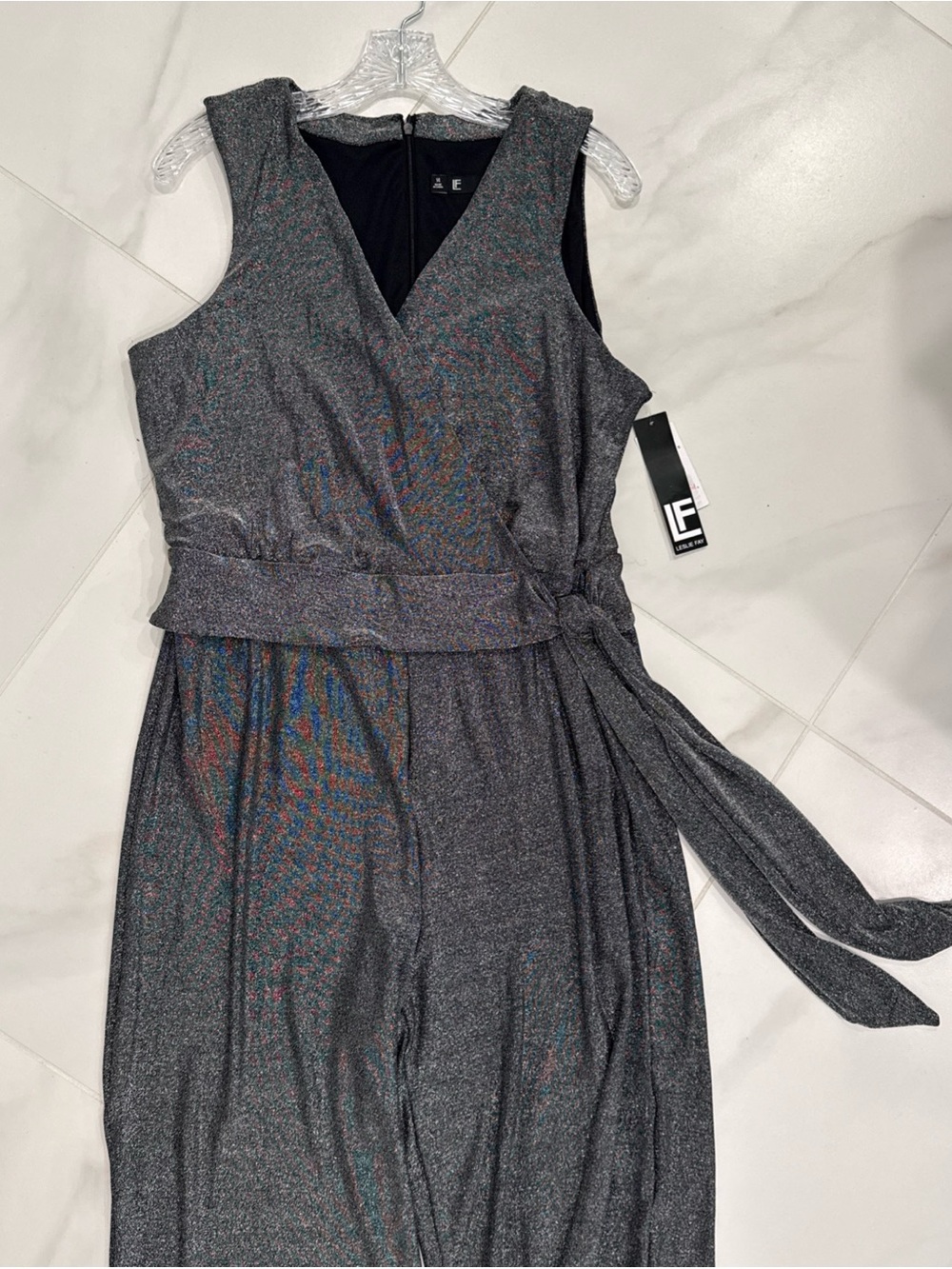 Leslie Fay Black/Silver Metallic Sleeveless Jumpsuit Waist Tie NWT 14